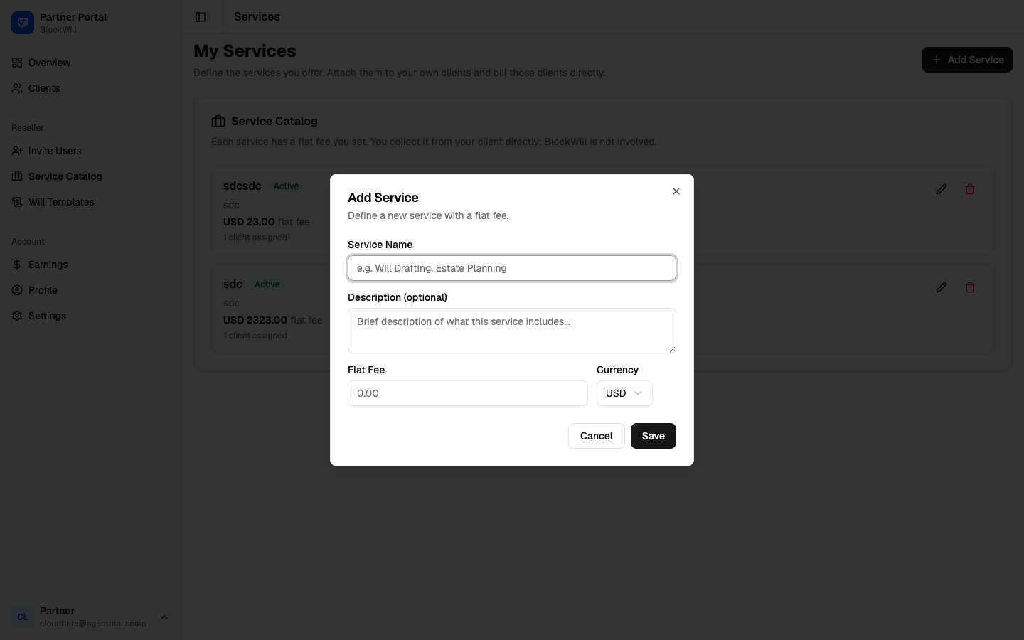 Add Service modal