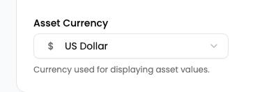 The Asset Currency control in Account & Preferences