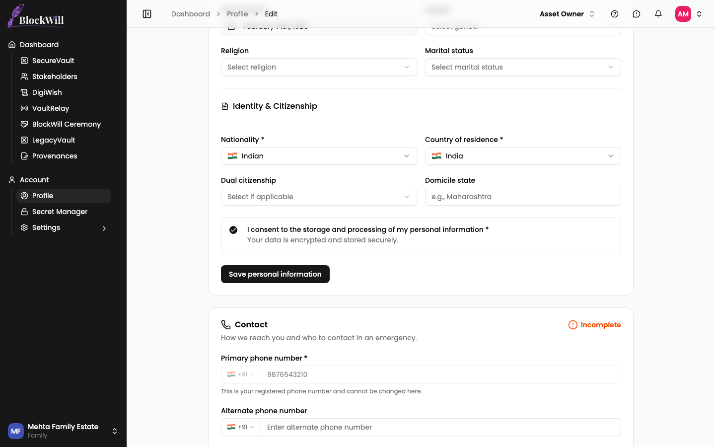 The personal information section, with its own save button